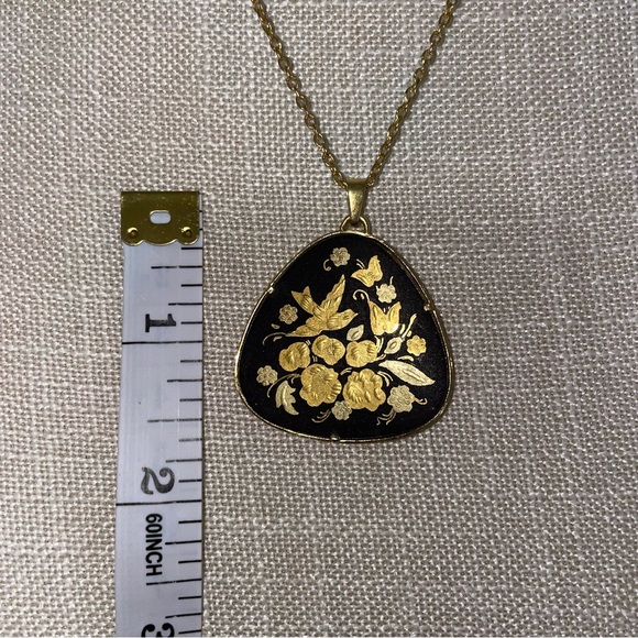 Damascene Spanish Black & Gold-Tone Engraved Inlay Flower Bird Vintage Necklace - Picture 14 of 16